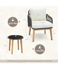 3 Pcs Patio Furniture Set with Cushioned Chairs and Tempered Glass Side Table