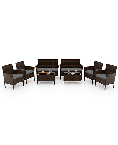 8 Pcs Patio Furniture Set with Washable Cushions and Tempered Glass Coffee Table