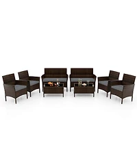 8 Pcs Patio Furniture Set with Washable Cushions and Tempered Glass Coffee Table