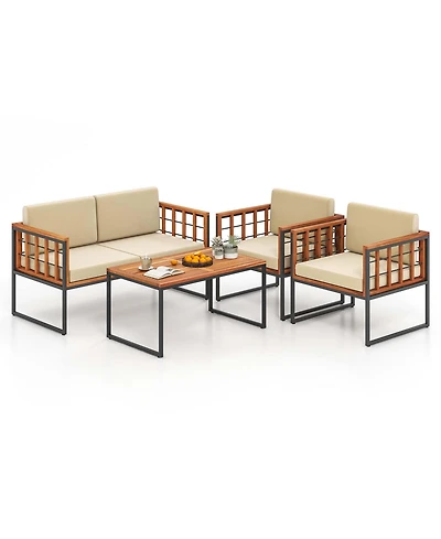 4 Pcs Acacia Wood Outdoor Sofa Set with Heavy Duty Metal Frame Soft Seat