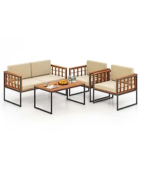 4 Pcs Acacia Wood Outdoor Sofa Set with Heavy Duty Metal Frame Soft Seat