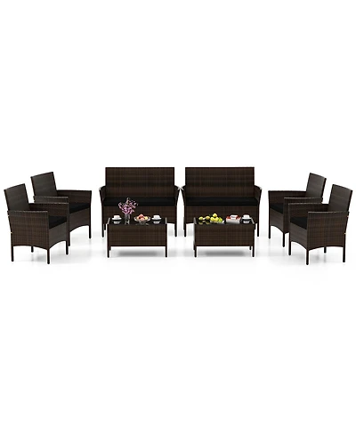 8 Pcs Patio Furniture Set with Washable Cushions and Tempered Glass Coffee Table