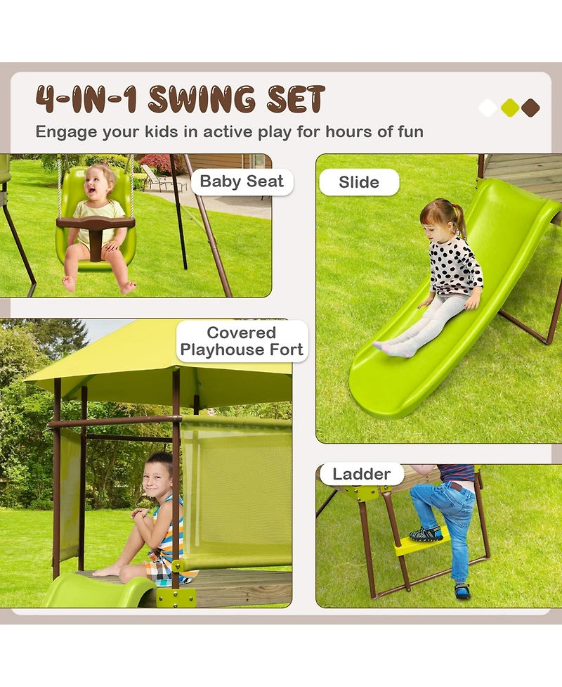 Costway 4-in-1 Swing Set with Covered Playhouse Fort Height Adjustable Baby Seat Slide