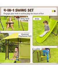 Costway 4-in-1 Swing Set with Covered Playhouse Fort Height Adjustable Baby Seat Slide