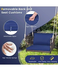 Costway Porch Swing Chair Rattan Woven Hanging Bench Seat with Cushions Hooks Balcony Navy