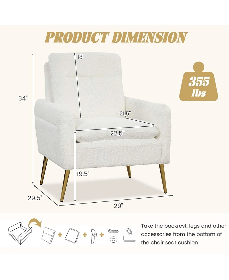 1PC Modern Accent Chair Upholstered Sherpa Armchair w/ Tapered Metal Legs
