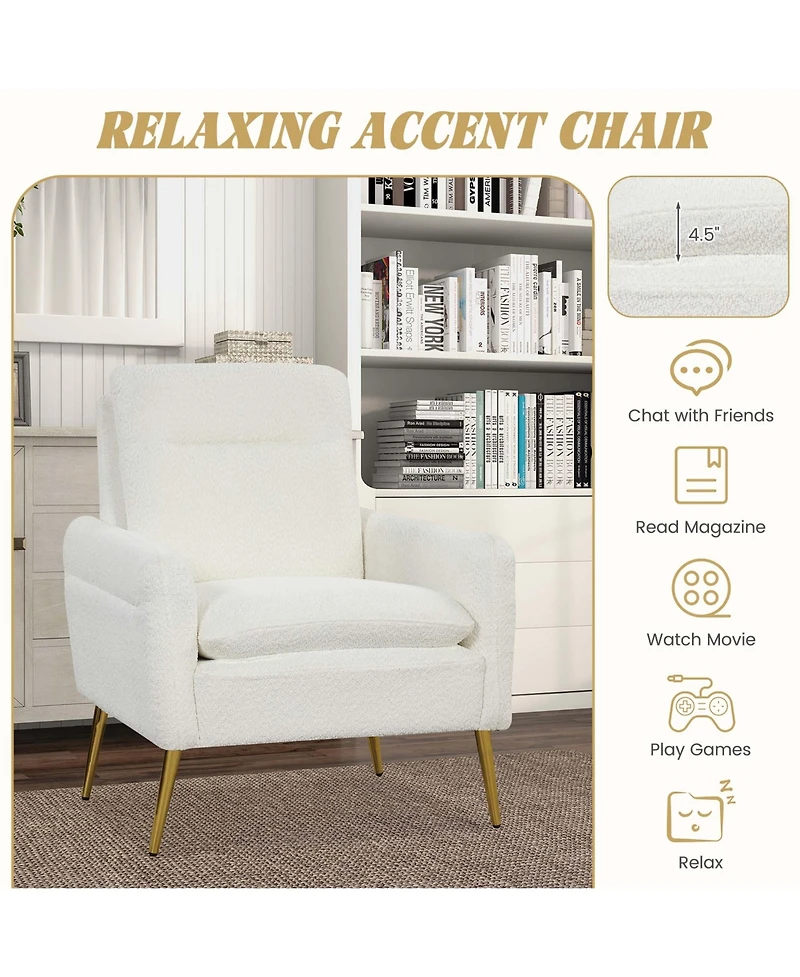 1PC Modern Accent Chair Upholstered Sherpa Armchair w/ Tapered Metal Legs