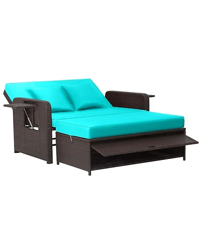 Patio Rattan Loveseat Set Daybed Lounge Storage Ottoman Side Tables Adjust