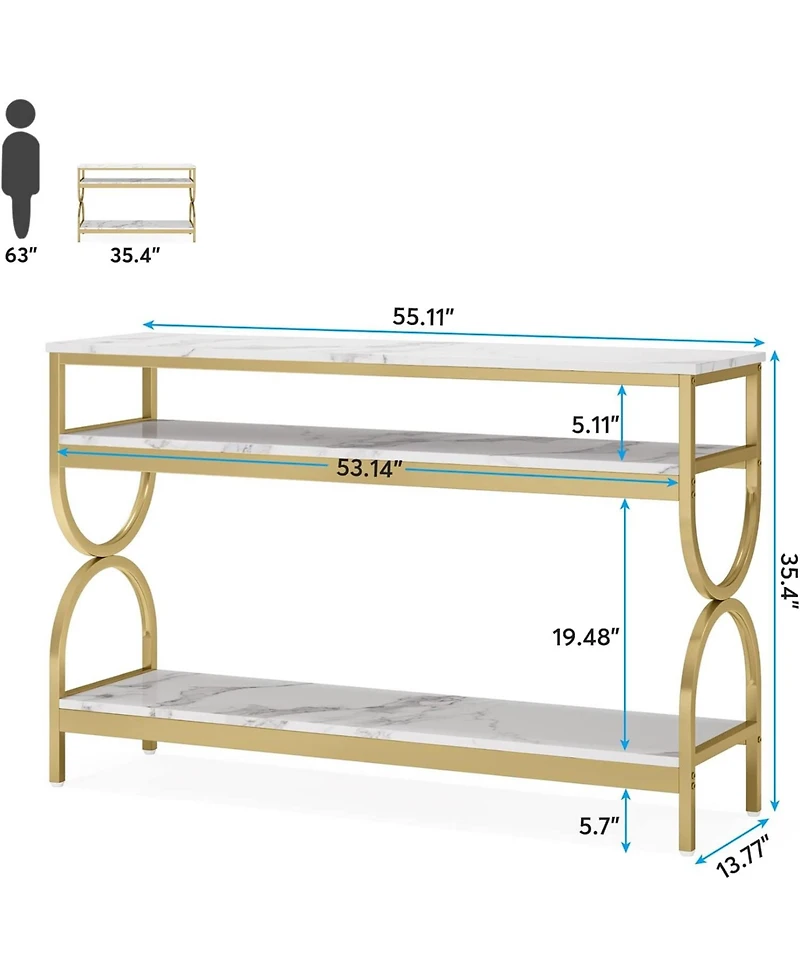 Tribesigns 3-Tier Console Table, 55 inch Sofa Table with Open Storage Shelves, Narrow Long Hallway/Entryway Table with Faux Marble Top, White & Gold