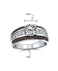 Bling Jewelry 3CTW Cz Two Tone Chocolate Brown Color Clear Round Solitaire Promise Ring 3 Row Wide Pave Band Silver Plated