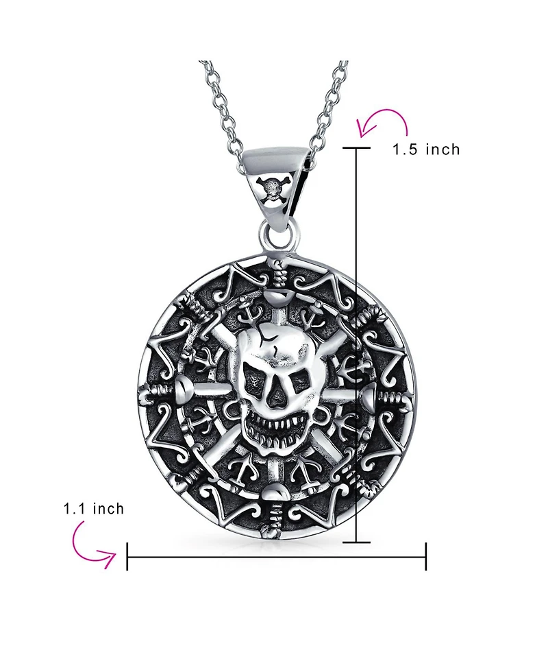 Bling Jewelry Round Coin Heavy Large Medallion Caribbean Aztec Pirates Skull Pendant Necklace Oxidized Sterling Silver