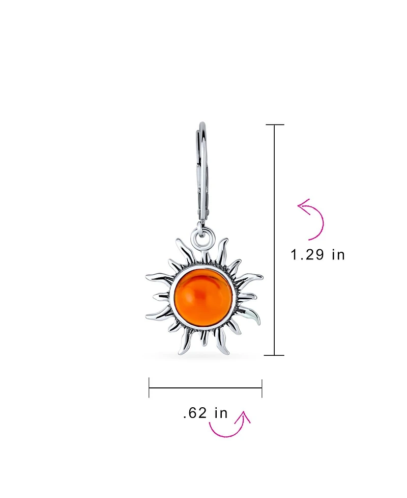 Bling Jewelry Tropical Vacation Beach Sun Rise Natural Amber Round Sunburst Dangle Drop Earrings Lever back Oxidized Sterling Silver