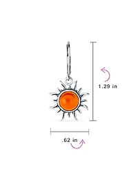 Bling Jewelry Tropical Vacation Beach Sun Rise Natural Amber Round Sunburst Dangle Drop Earrings Lever back Oxidized Sterling Silver