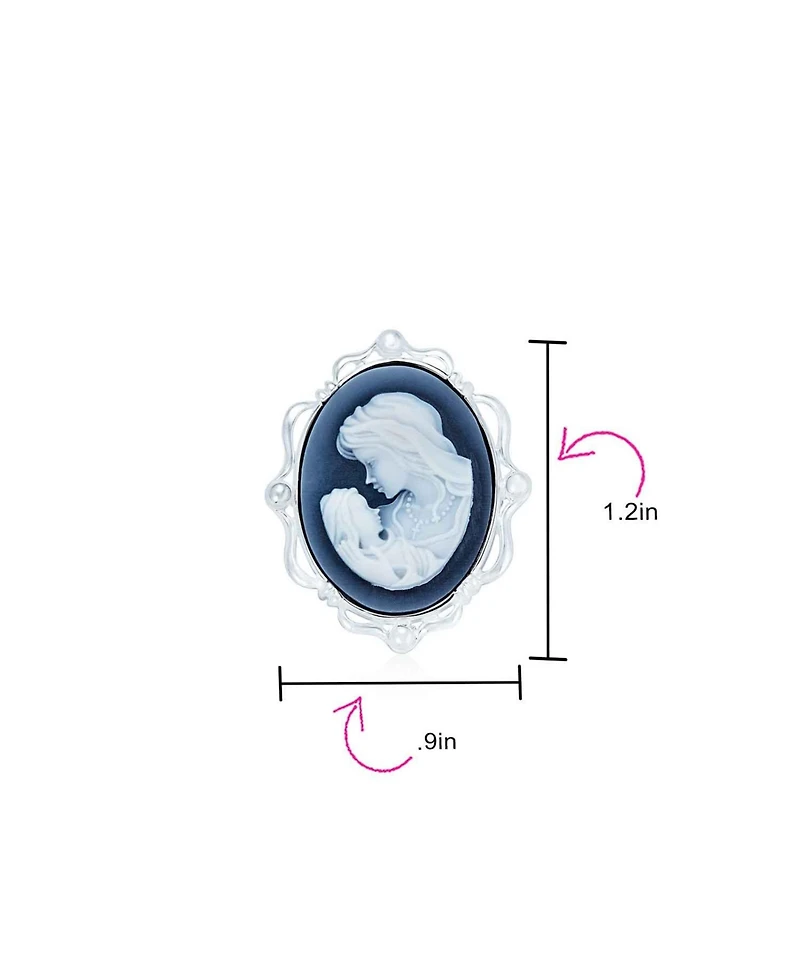 Bling Jewelry Classic Blue White Carved Oval Framed Victorian Lady Portrait Mother and Child Cameo Pendant Brooch Necklace For Women Mother Sterling S