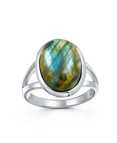 Bling Jewelry Oval Cabochon Bezel Natural Stone Split Shank Boho Statement Ring Sterling Silver