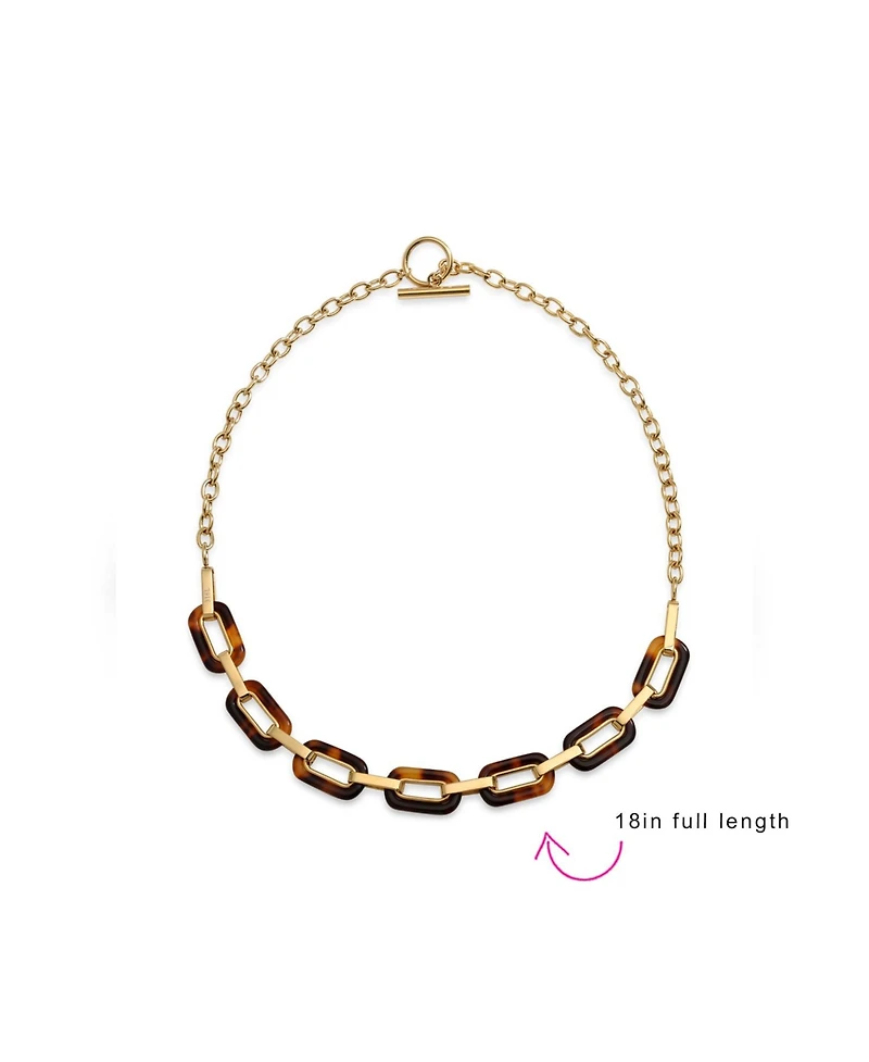 Bling Jewelry Fashion Golden Brown Oval Link Faux Tortoise Shell Collar Necklace Gold Plated Stainless Steel Chain Toggle Clasp