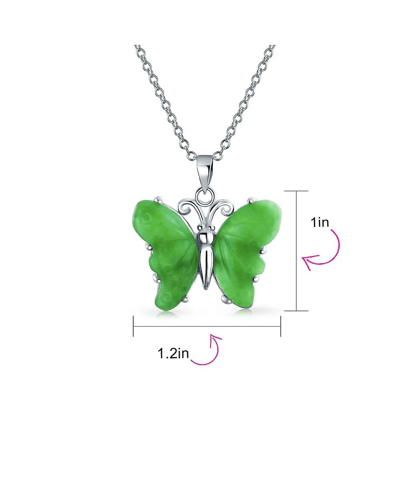 Bling Jewelry Handcrafted Carved Green Natural Jade Garden Butterfly Pendant Necklace For Women Sterling Silver With Chain