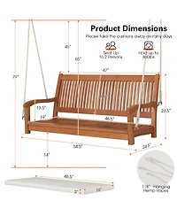 Costway 2-Person Hanging Porch Swing Wood Bench with Cushion Curved Back Outdoor Natural