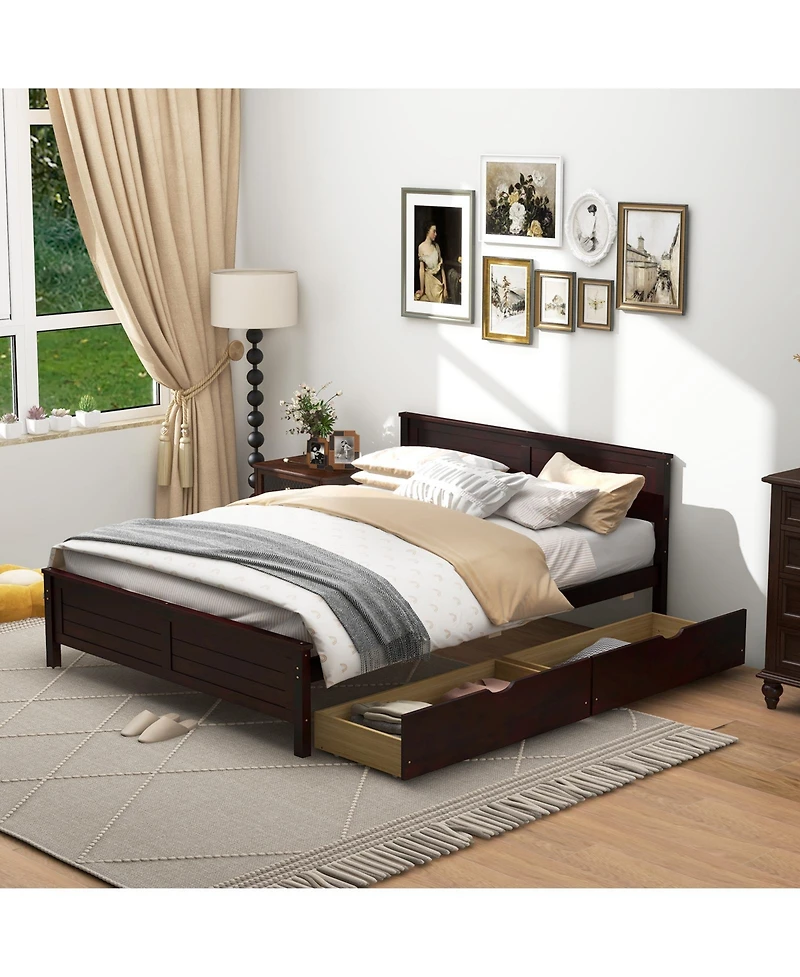 Full Bed Frame with Storage Drawers and Solid Wood Headboard