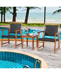 Slickblue 3 Pieces Rattan Bistro Set with Acacia Wood Frame for Garden