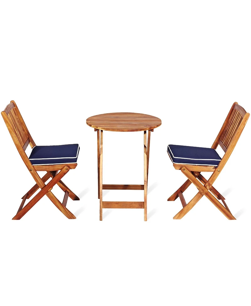 Gymax 3PCS Folding Patio Conversation Set Acacia Wood Bistro Set w/ Cushions
