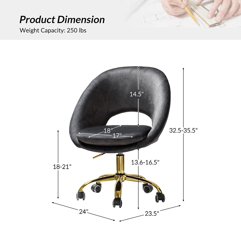 Hulala Home Modern Velvet Office Chair with Adjustable Swivel for Study Vanity