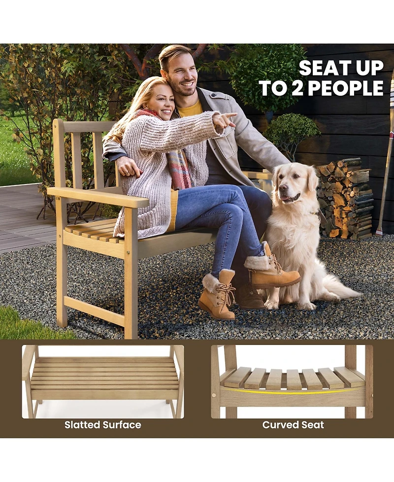 Teak Wood Garden Bench 2-Person Patio Bench with Backrest & Armrests