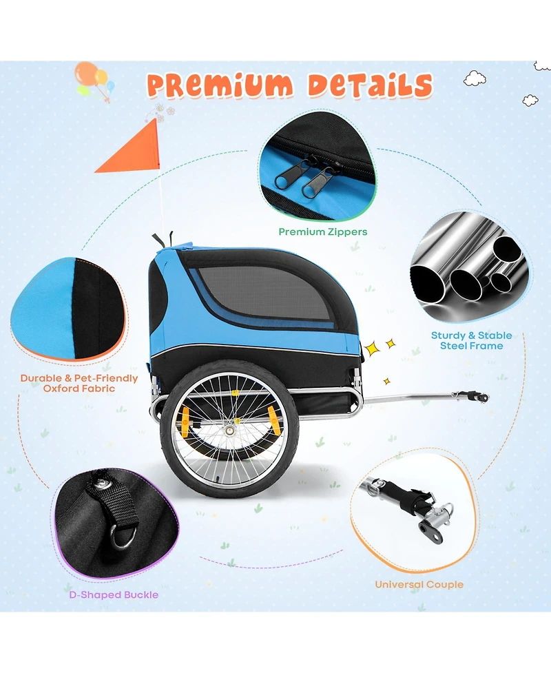 Sugift Dog Bike Trailer Foldable Pet Cart with 3 Entrances for Travel-Blue