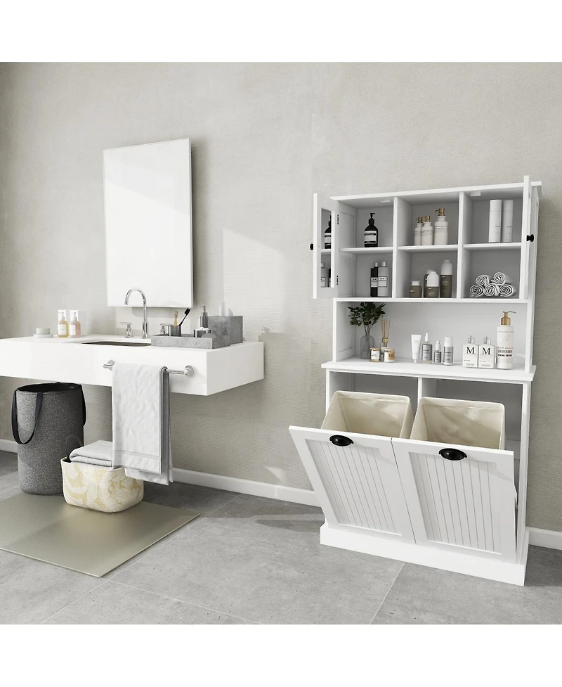 Two-Compartment Tilt-Out Dirty Laundry Basket Tall Bathroom Cabinet With 2 Adjustable Shelves-White