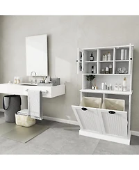 Two-Compartment Tilt-Out Dirty Laundry Basket Tall Bathroom Cabinet With 2 Adjustable Shelves-White