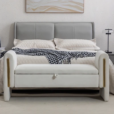 Ivory Velvet Storage Bench with Gold Trim Strip
