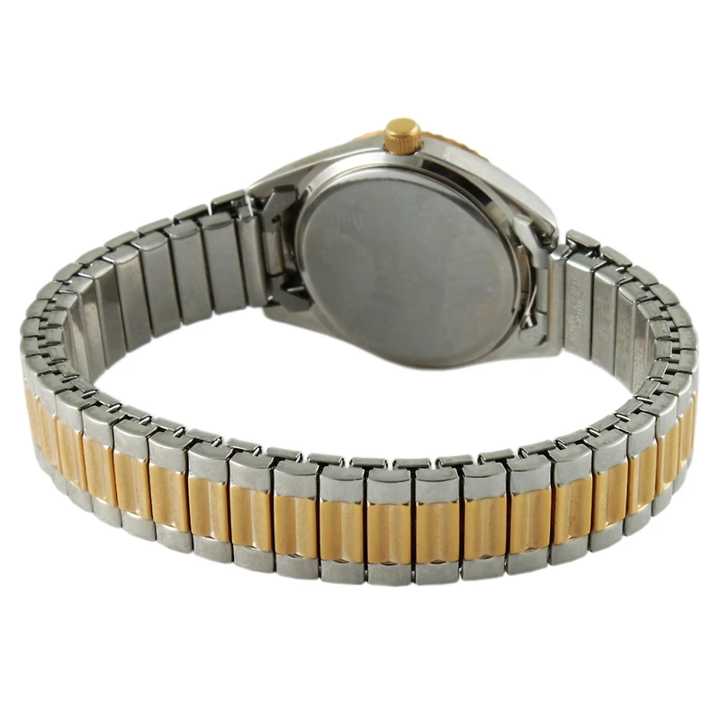 Timetech Men's Two Tone Expansion Watch with Stretch Bracelet and Ribbed Coin Edge Bezel