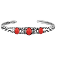 American West Jewelry Sterling Silver Genuine Coral 3 Stone Cuff Bracelet Size Small - Large