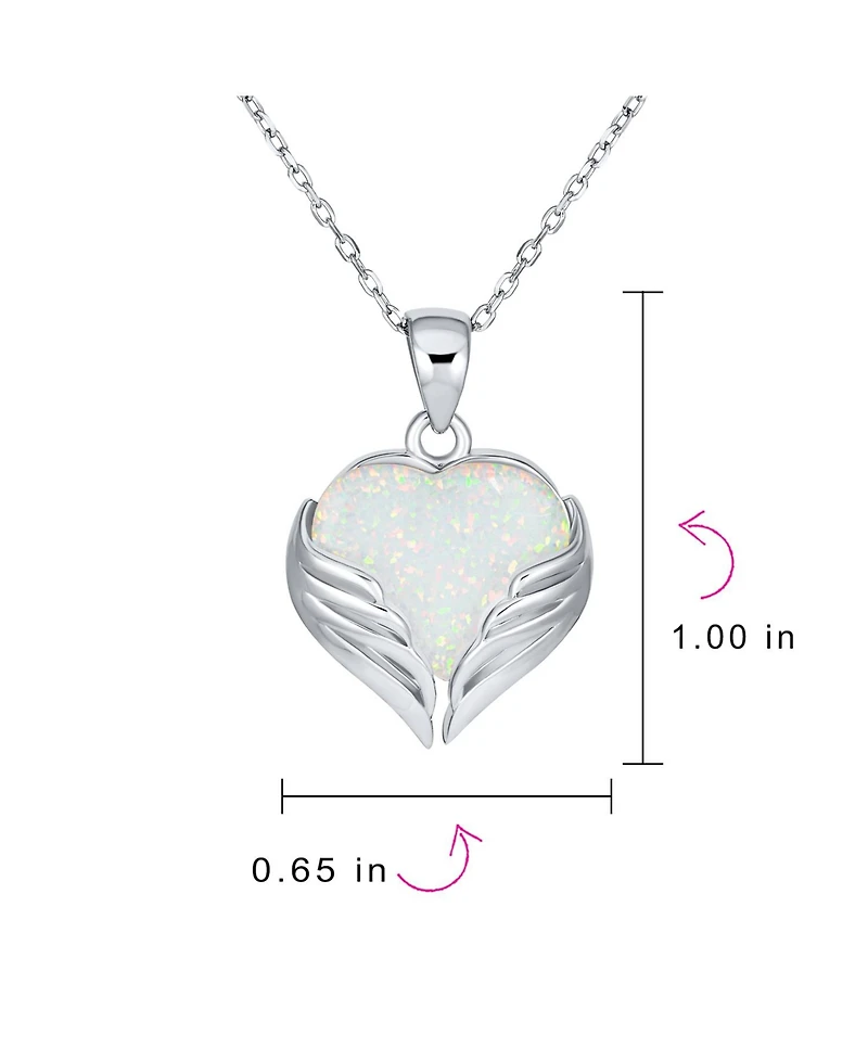 Bling Jewelry Love Created Framed White Synthetic Opal Heart Shaped Angel Wing Necklace Pendant Sterling Silver