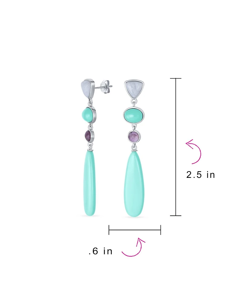Bling Jewelry Unique Boho Geometric Linear Long Round Triangle Elongated Oval Shape Natural 4 Multi-Tier Stone Summer Party Turquoise Dangling Earring
