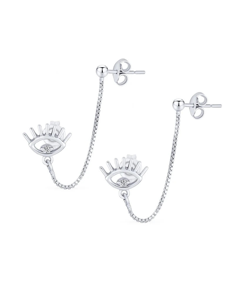 Bling Jewelry Eye lash Cz Accent Evil Eye Double Pierced Cartilage Ear Lobe Helix Chain Ball Ear Stud Earrings Body Piercing Sterling Silver