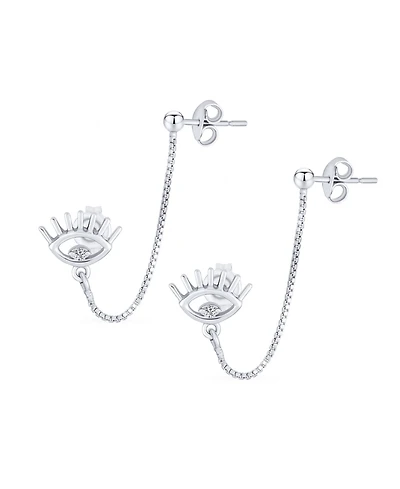 Bling Jewelry Eye lash Cz Accent Evil Eye Double Pierced Cartilage Ear Lobe Helix Chain Ball Ear Stud Earrings Body Piercing Sterling Silver