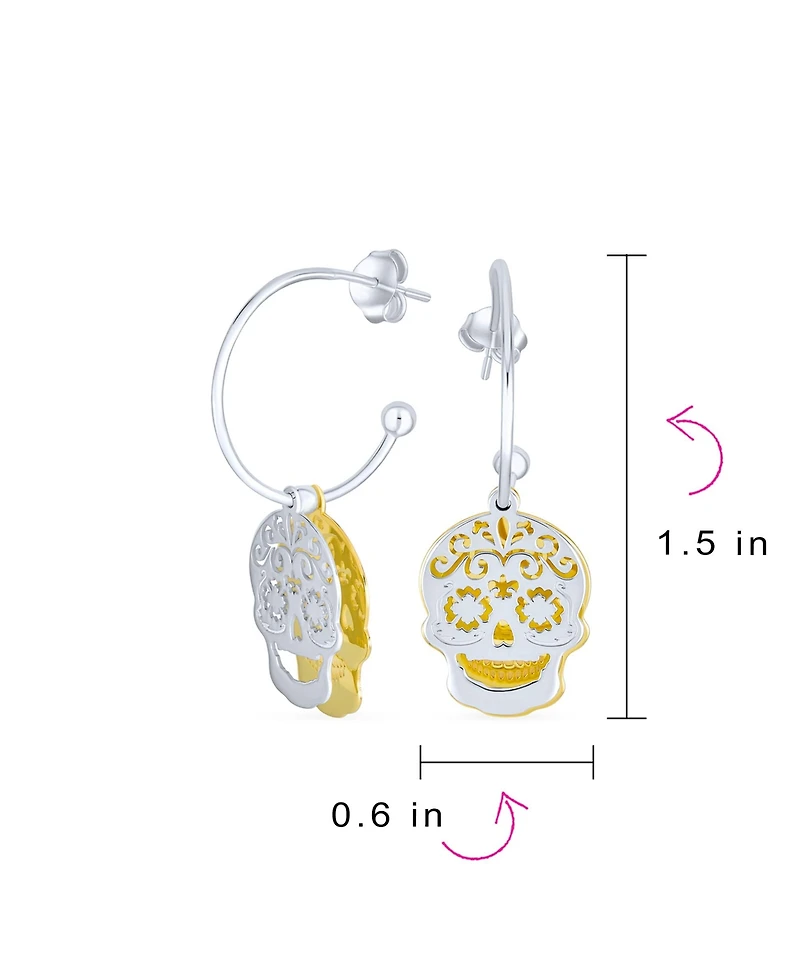 Bling Jewelry Dia de los Muertos Jewelry Caribbean Biker Halloween Pirate Skull Stud Hoop Earrings Two Tone Gold Plated Sterling Silver