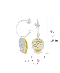 Bling Jewelry Dia de los Muertos Jewelry Caribbean Biker Halloween Pirate Skull Stud Hoop Earrings Two Tone Gold Plated Sterling Silver