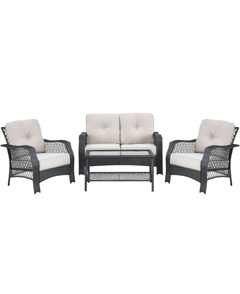 Sugift 4 Pieces Patio Wicker Furniture Conversation Sets with Coffee Table and Cushions