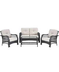 Sugift 4 Pieces Patio Wicker Furniture Conversation Sets with Coffee Table and Cushions