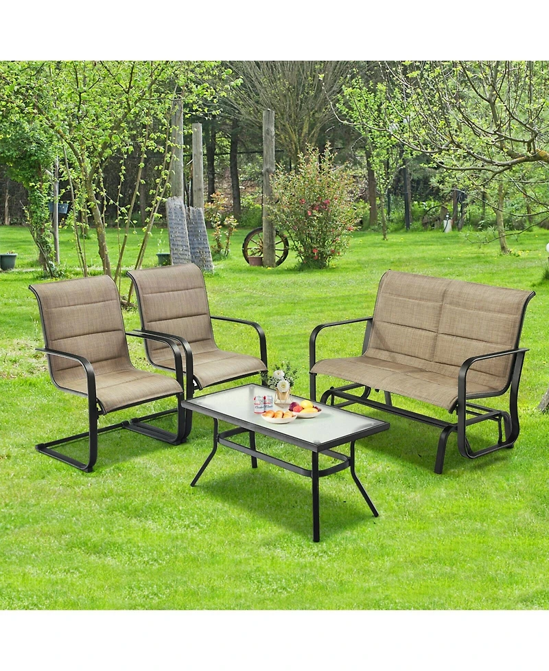 Sugift 4 Pieces Outdoor Patio Conversation Sets with Padded Glider Loveseat and Coffee Table
