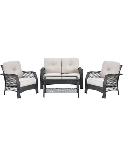 Sugift 4 Pieces Patio Wicker Furniture Conversation Sets with Coffee Table and Cushions