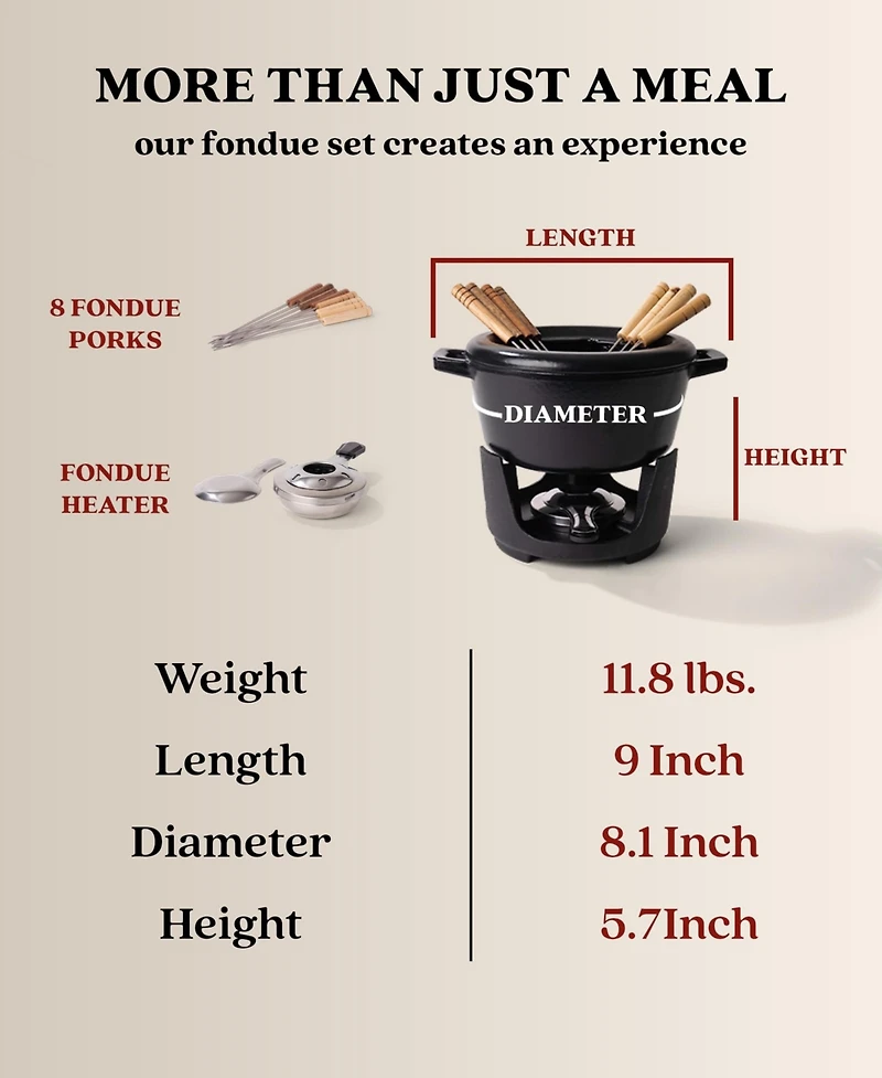 Alva Nori 2 Qt Enameled Cast Iron Fondue Set - Adjustable Burner & 8 Forks