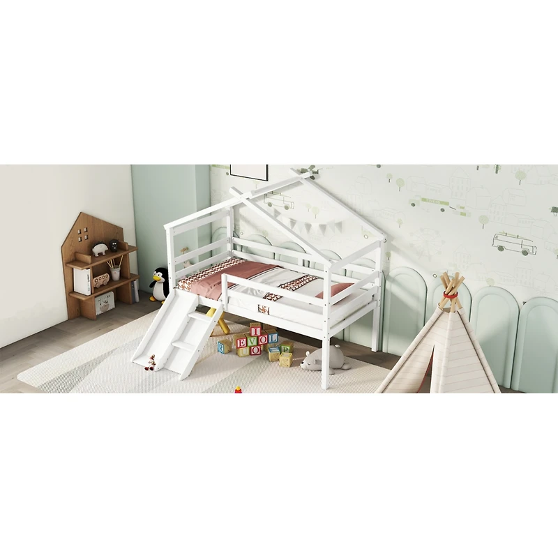 Streamdale Furniture Twin Low Loft House Bed With Slide, Ladder, Safety Guardrails, House Roof Frame, White