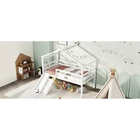 Streamdale Furniture Twin Low Loft House Bed With Slide, Ladder, Safety Guardrails, House Roof Frame, White