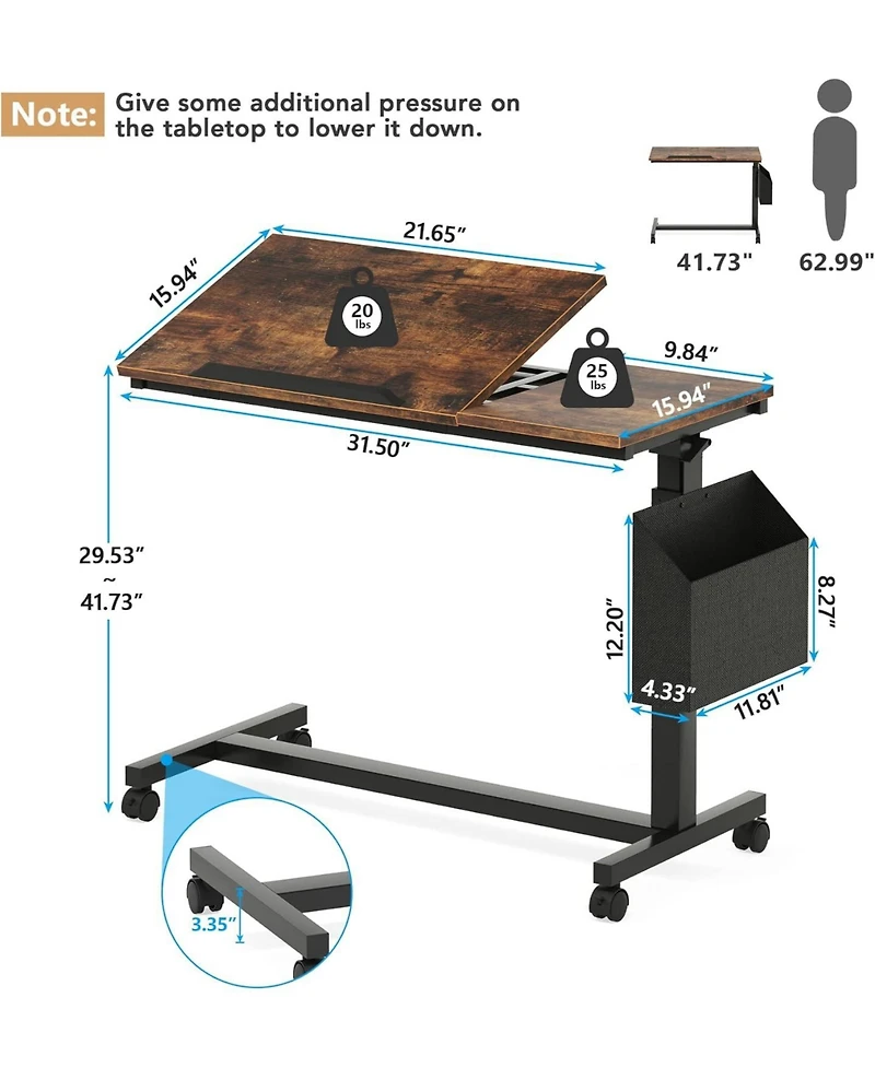 Tribesigns Height Adjustable C Shaped End Table with Wheels and Side Pocket, Mobile Sofa Snack Tiltable Drawing Board for Couch Bed