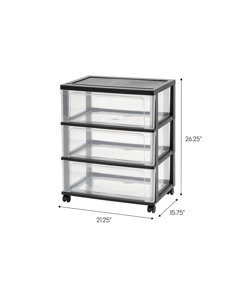 Iris Plastic 3 Drawer Wide Storage Cart with 4 Caster Wheels, Black