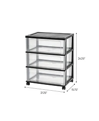 Iris Plastic 3 Drawer Wide Storage Cart with 4 Caster Wheels, Black