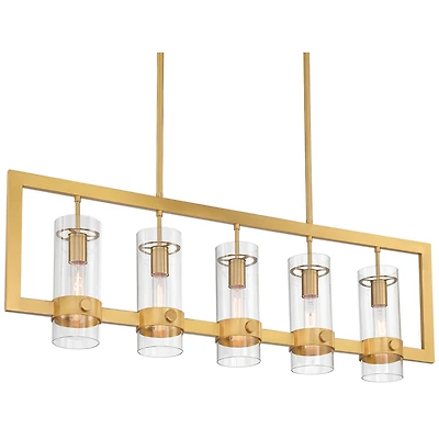 Possini Euro Design Camden Brass Island Linear Pendant Chandelier 42" Wide Modern Clear Glass 5-Light Fixture for Dining Room